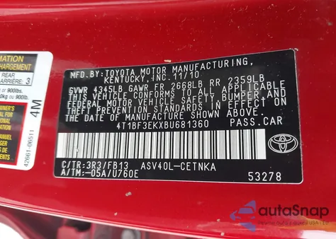 2011 Toyota Camry Le z USA, uszkodzony, nr VIN 4T1BF3EKXBU681360